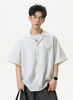 JY STYLE 古巴领休闲短袖衬衫男夏季垂感透气宽松亚麻质感衬衣