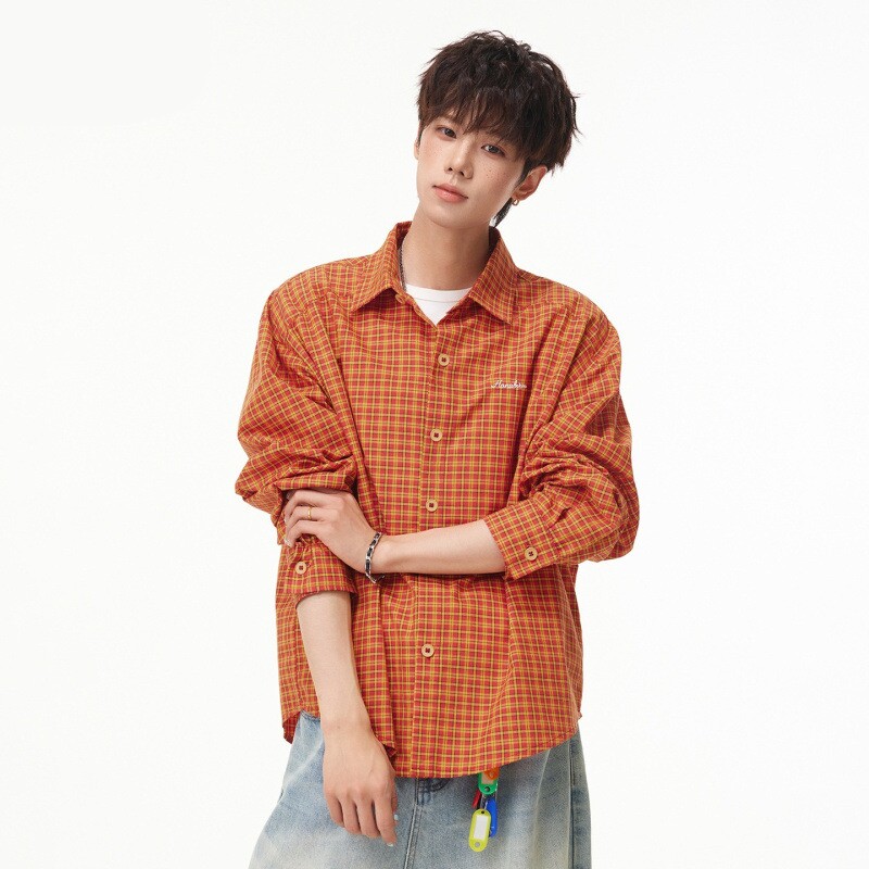 JY STYLE 美式格纹长袖衬衫男秋季款潮牌复古橙色多巴胺格子衬衣