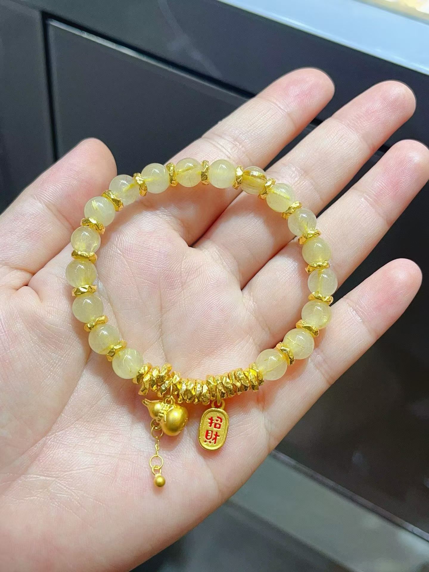 足金999金坨坨金发晶手链女新款盘缠手串黄财神手链福袋葫芦手串