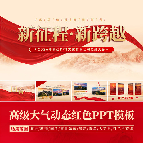 PPT模板高级动态简约红色大气多图炫酷工作总结教师课件社区展示