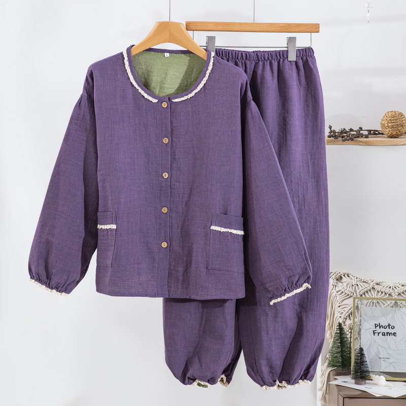 【花漾】A类全棉色织提花双层纱家居服女式睡衣复古纯棉睡衣