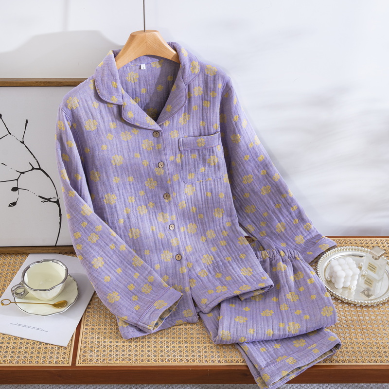 【四层纱加厚】A类全棉色织提花双层纱女式家居服复古纯棉睡衣