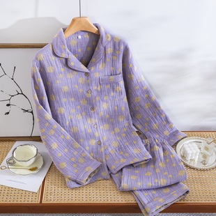 家居服复古纯棉睡衣 A类全棉色织提花四层纱女式 四层纱加厚