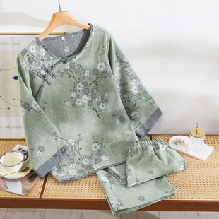 【孤品】A类全棉色织提花双层纱家居服女式睡衣复古纯棉睡衣