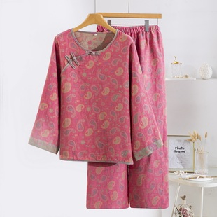 【断码】A类全棉色织提花双层纱家居服女式睡衣复古纯棉睡衣