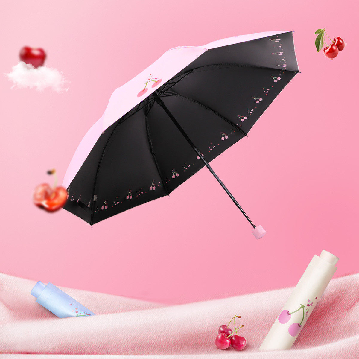 天堂伞甜蜜樱桃轻盈小伞三折折叠防晒防紫外线印花黑胶晴雨两用伞