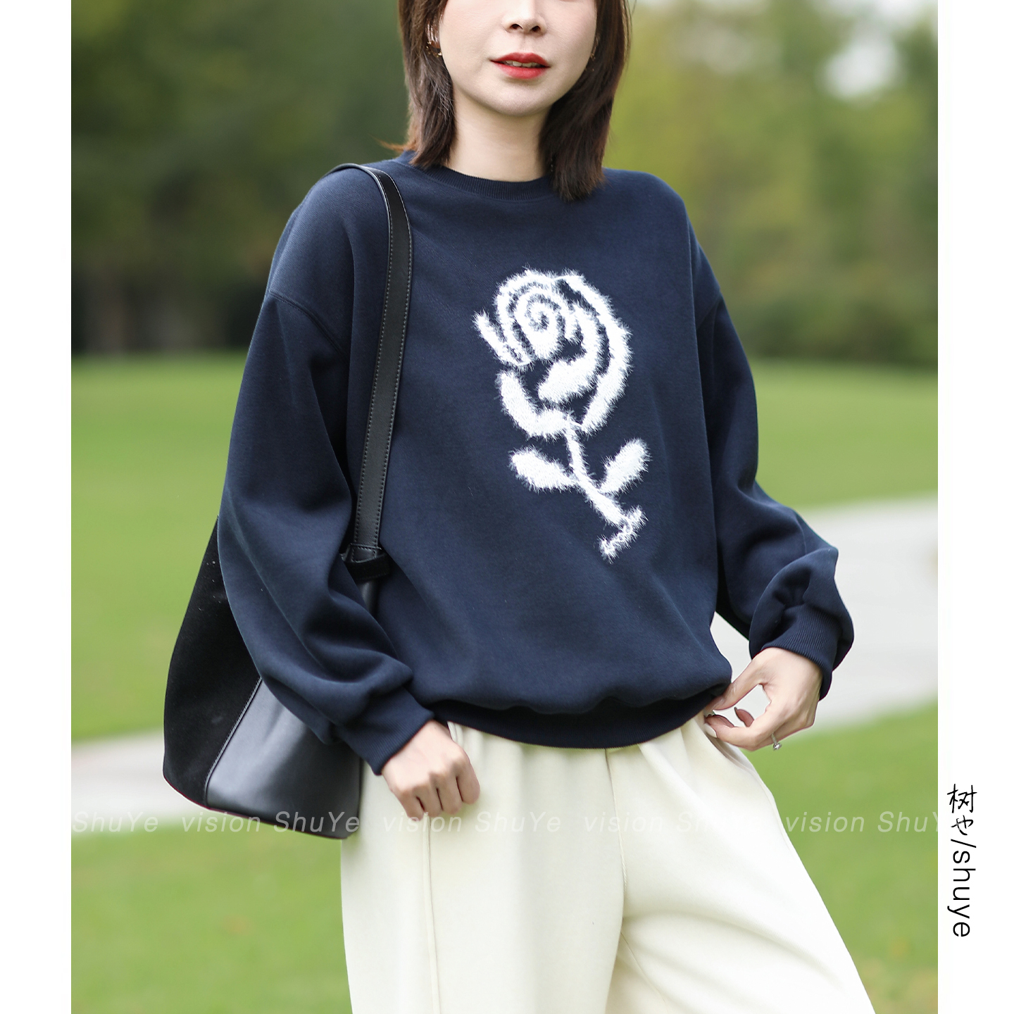 树也 玫瑰刺绣 加绒保暖卫衣女文艺休闲百搭宽松有型内搭上衣冬季