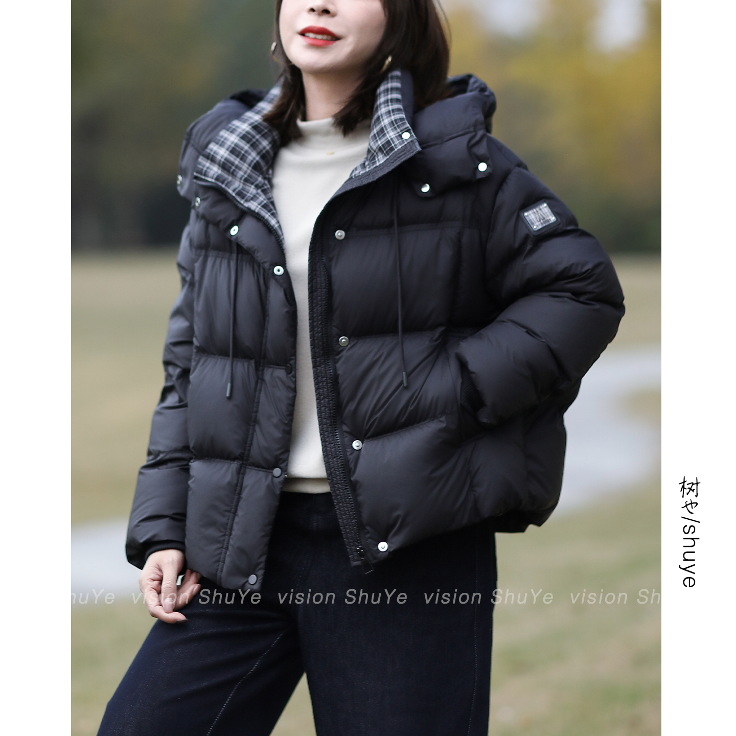 树也 原创款 蓬松饱满90白鸭绒加厚保暖文艺格子拼接连帽羽绒服冬