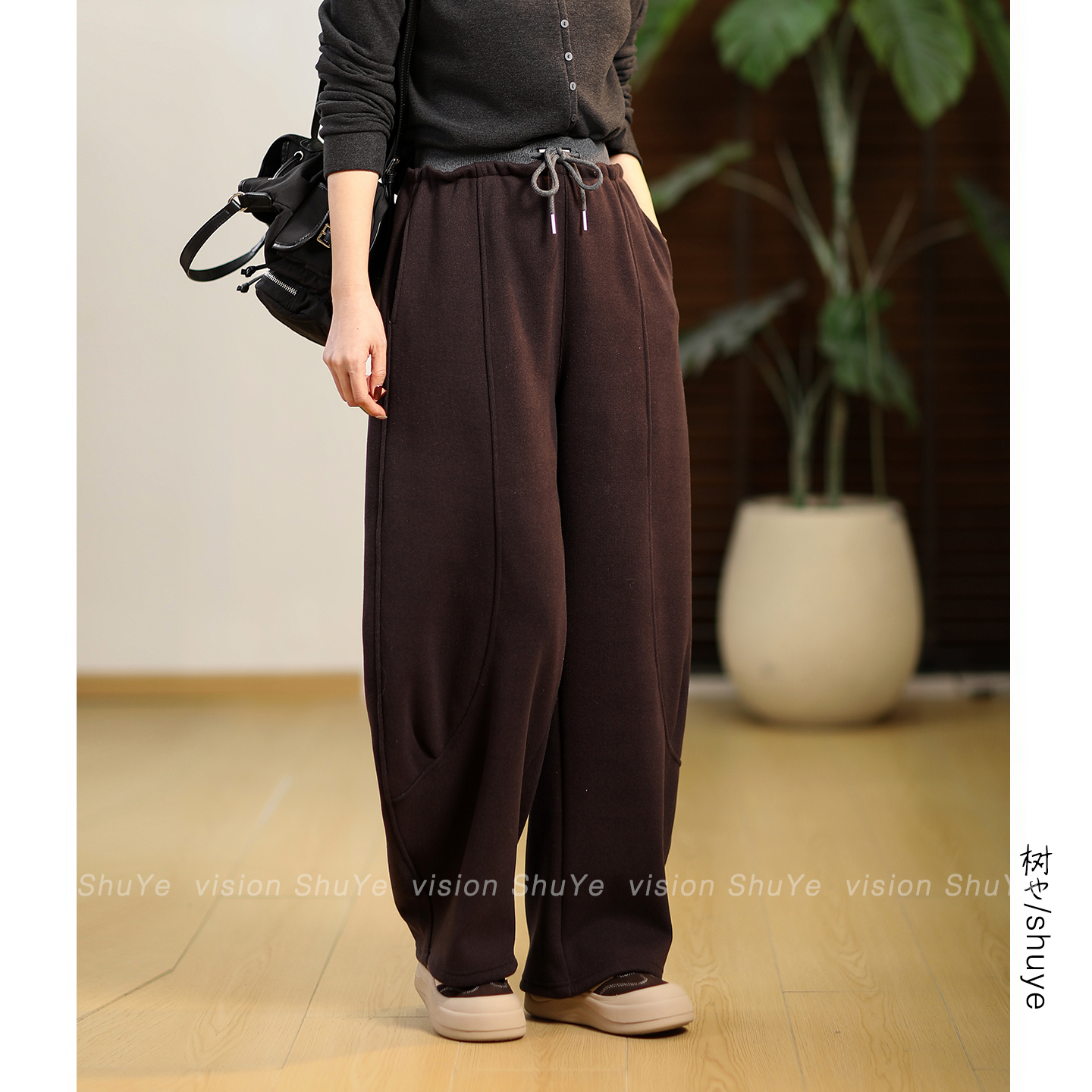 树也 裤型赞爆 原创款 加绒加厚含羊绒弧形设计弯刀裤女休闲裤冬