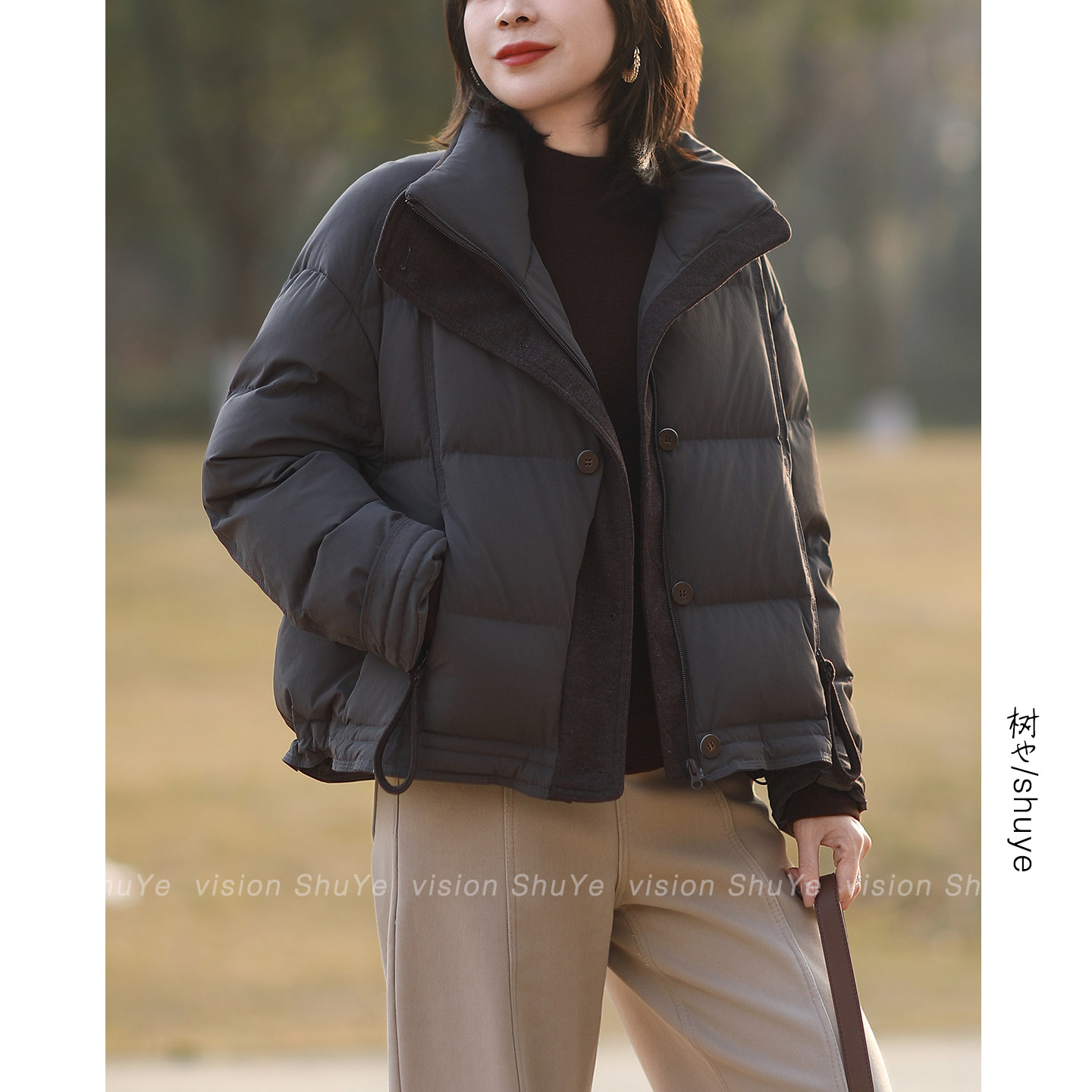 树也 原创设计款 高品质高蓬松90白鸭绒加厚立领拼接羽绒服外套女