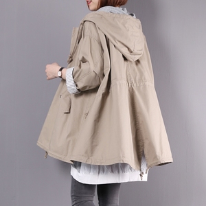 工装连帽风衣女净色2019春秋韩版宽松显瘦蝙蝠袖大码A字大摆外套