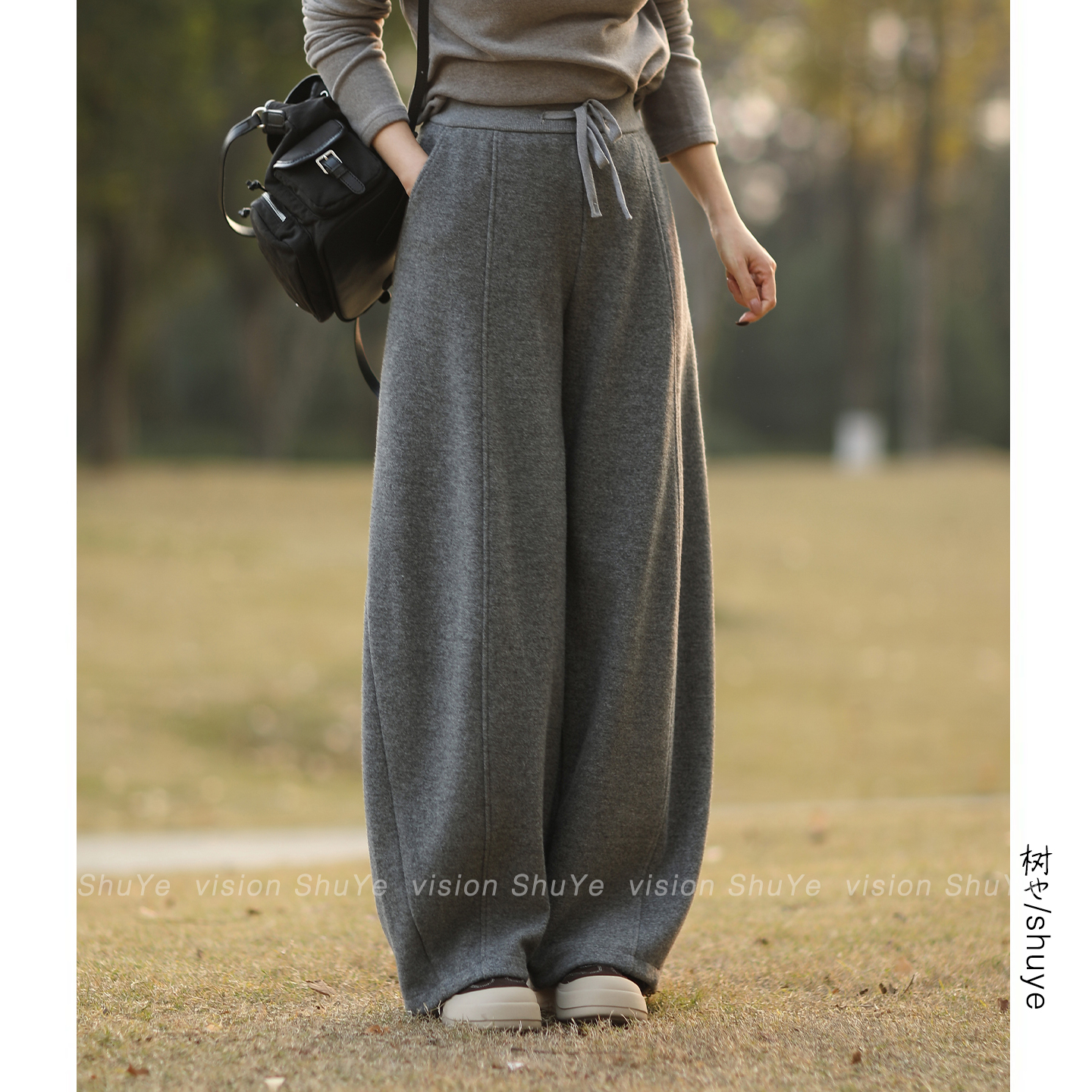 树也 裤型赞爆 宽松随性加绒加厚毛呢休闲裤女弯刀裤2025冬装新款