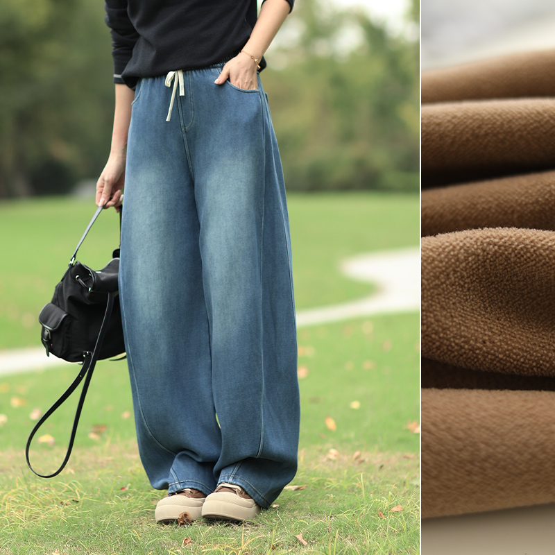 树也 莫兰迪热力蓝 莱赛尔加绒保暖牛仔裤显瘦百搭时尚弯刀裤冬季