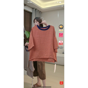 麻上衣 树也 随性松驰感 文艺休闲撞色条纹亚麻圆领短袖 T恤女大码