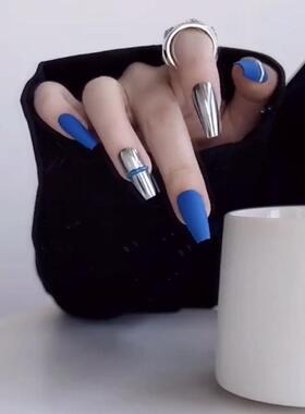 小红书同款手工定制穿戴甲轻奢高级显白克莱茵蓝魔镜粉美甲