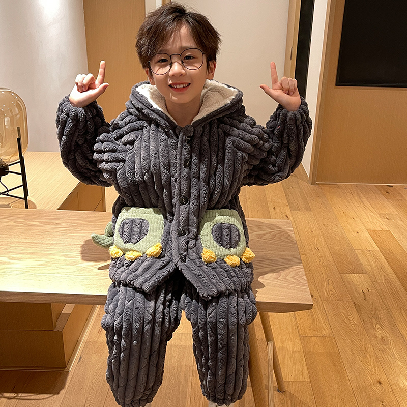 男童睡衣冬季款珊瑚绒家居服套装