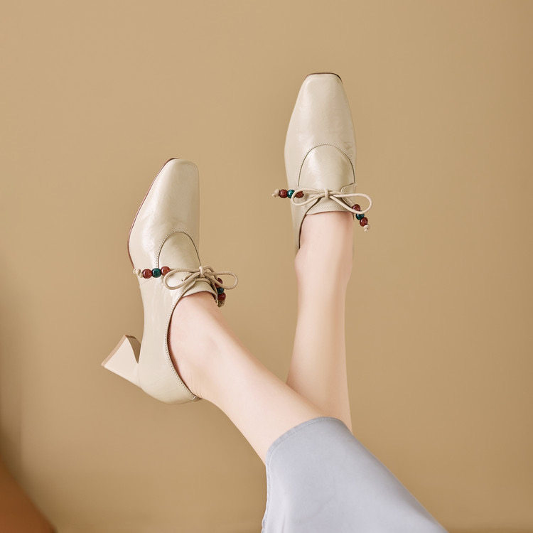 真皮方头粗跟单鞋女2026春新款系带百搭高跟深口女鞋白色小皮鞋,女鞋,深口单鞋,淘宝优惠券,粉丝福利购,淘宝优惠卷