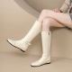 真皮内增高长筒靴女2025秋冬新款 圆头女靴百搭单靴米白色骑士靴