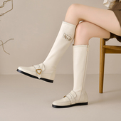 真皮低跟长靴女2025秋冬新款 复古女靴百搭平底高筒靴白色骑士靴