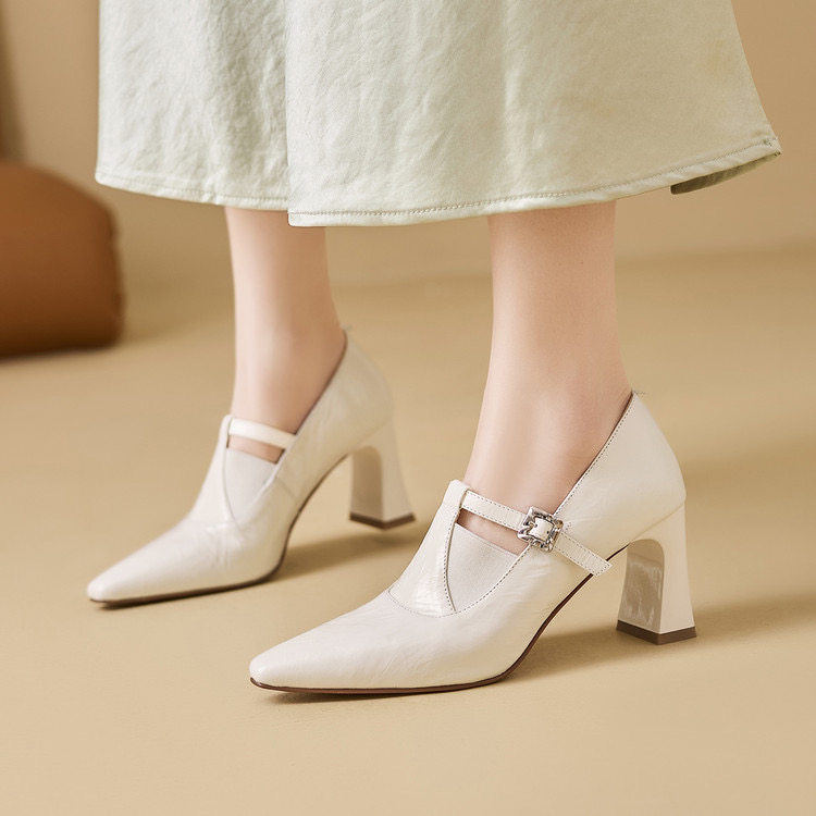 真皮尖头粗跟单鞋女2026新款复古软皮软底女鞋百搭高跟深口奶奶鞋,女鞋,深口单鞋,淘宝优惠券,粉丝福利购,淘宝优惠卷