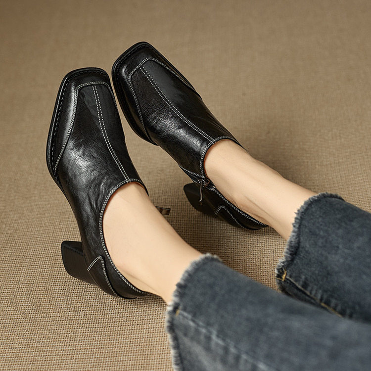 真皮方头粗跟单鞋女2026新款复古软皮软底女鞋百搭高跟深口奶奶鞋,女鞋,深口单鞋,淘宝优惠券,粉丝福利购,淘宝优惠卷
