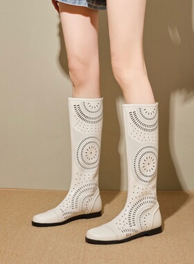 真皮高筒靴平底2026新款镂空女鞋凉靴白色单靴时尚女靴百搭洞洞鞋