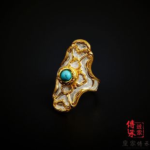 莲花纹，镶嵌松石金银错戒指