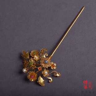 嵌宝攒花簪，花丝镶嵌制作中国风发簪古代头饰汉服配饰非遗技艺