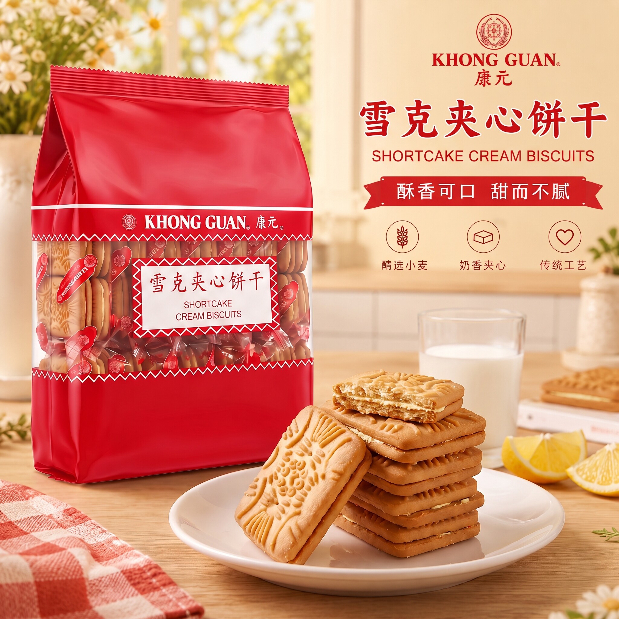 KHONG GUAN康元雪克夹心饼干600克 经典怀旧奶油夹心饼下午茶点心