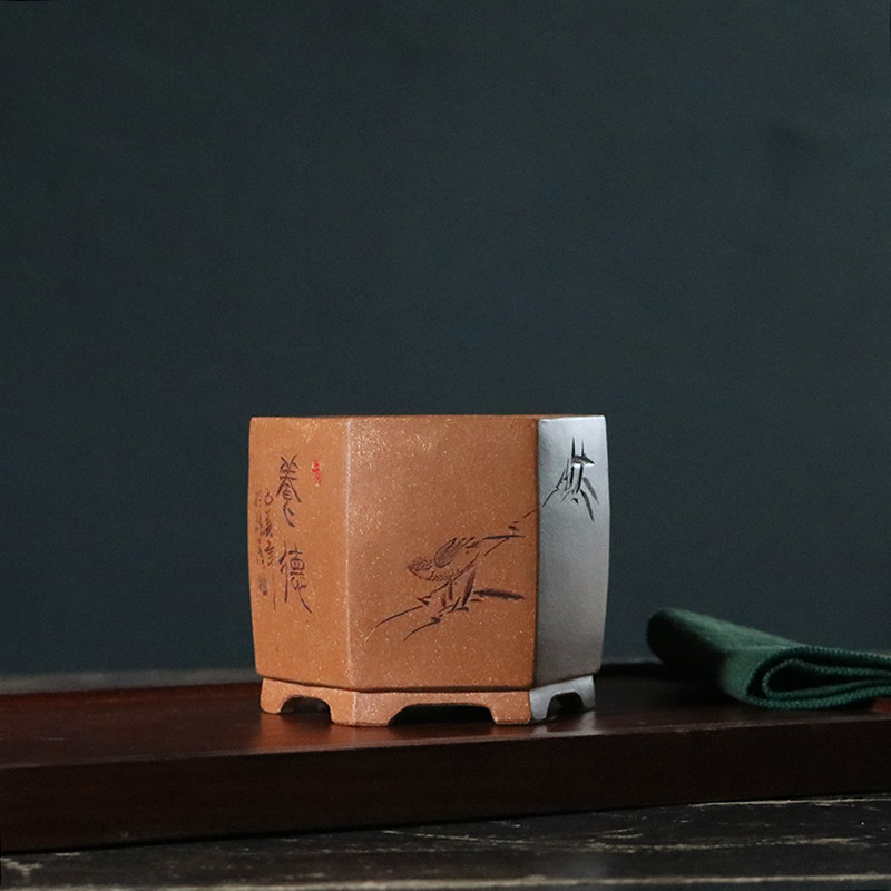 玲珑 宜兴紫砂花盆多肉菖蒲月季名家苏兵手工刻绘降坡泥六方花盆