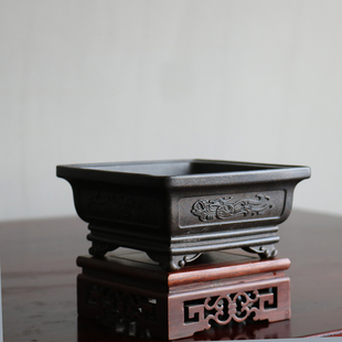 紫砂花盆小微长方六方形浅盆菖蒲文竹松柏盆景多肉姬月季 竹节四方