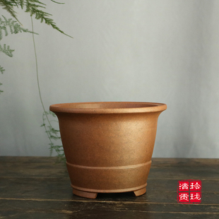 玲珑 紫砂花盆青砂堂段泥柴烧复古手工腰带圆口兰花盆多肉仙人球