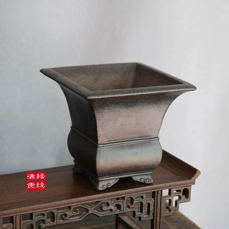 玲珑紫砂花盆古铜泥手工素面云脚古风漂口四方兰花月季盆景竹子盆