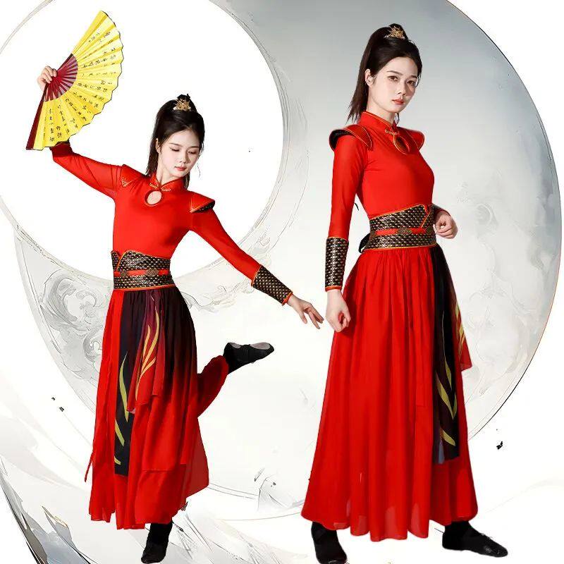 打鼓服女喜庆威风锣鼓舞台装扇子舞演出服大气古装女侠风表演套装