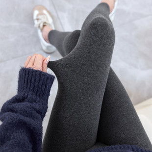 灰色外穿棉裤 无缝细条纹棉九分打底裤 女秋冬磨毛加绒高腰显瘦大码