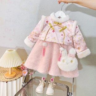 汉服女童冬加绒加厚旗袍小童中国风宝宝公主裙仙女儿童刺绣拜年服