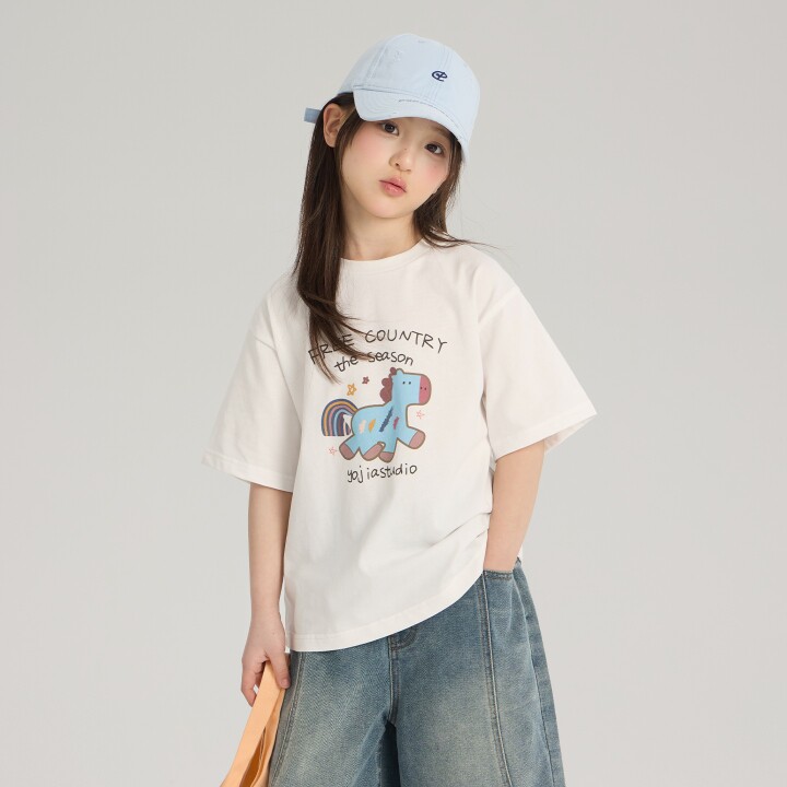 女童纯棉短袖T恤夏款2026新款中大童透气彩虹小马印花上衣儿童X5