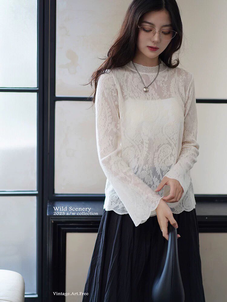 红袖甜美轻熟风毛衣秋季2025新款女装蕾丝提花喇叭袖半高领针织衫