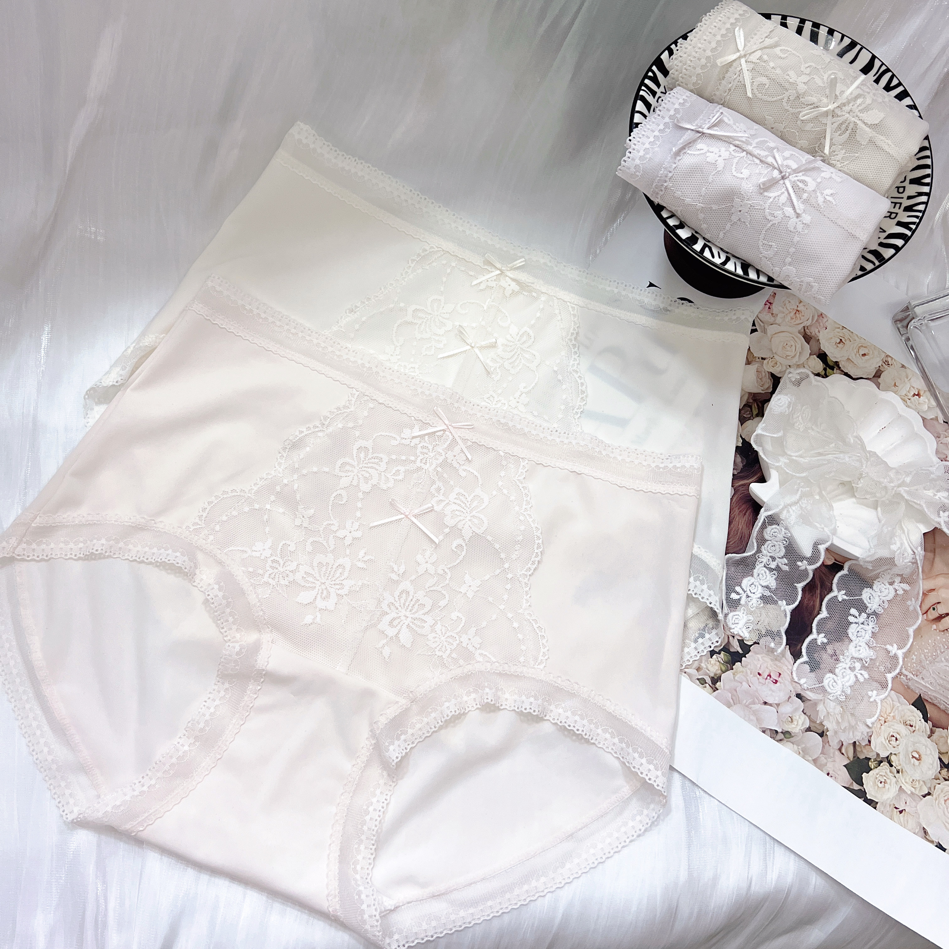 法式蕾丝内裤女中腰 纯欲蕾丝内裤纯棉底档 甜美蕾丝内裤少女透气