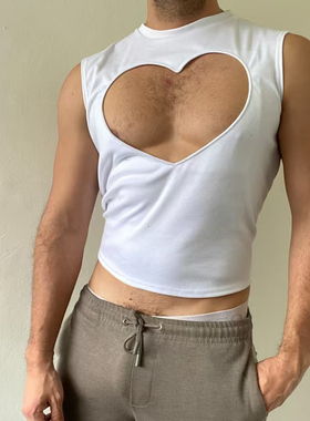 潮流修身圆领背心男夏季白色镂空心形套头短款汗背心