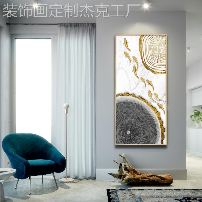 网红新大中式装饰厅画玄关挂画版竖楼梯走钻廊鱼图客壁画气镶晶瓷图片