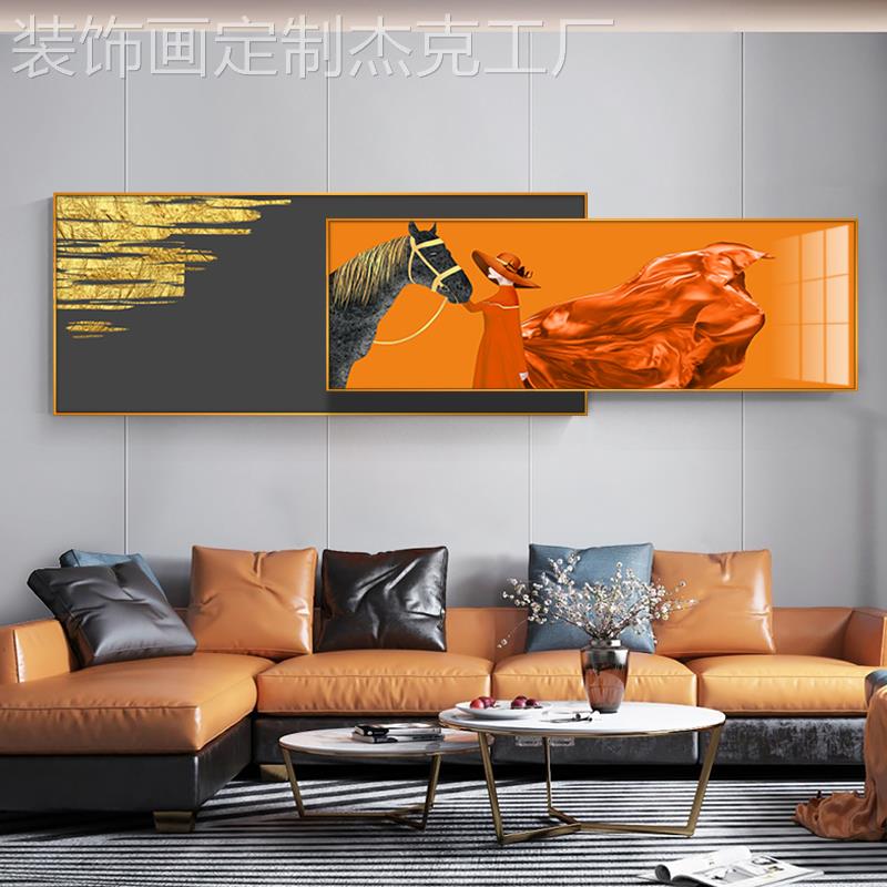 网红爱橙色客厅装饰画现代物组马合叠加挂沙画美人女发景背墙壁画图片