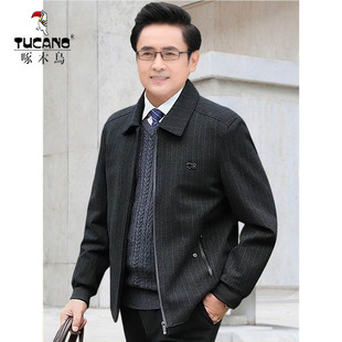 啄木鸟条纹夹克男中老年翻领爸爸装呢子外套春秋款父亲上衣服厚