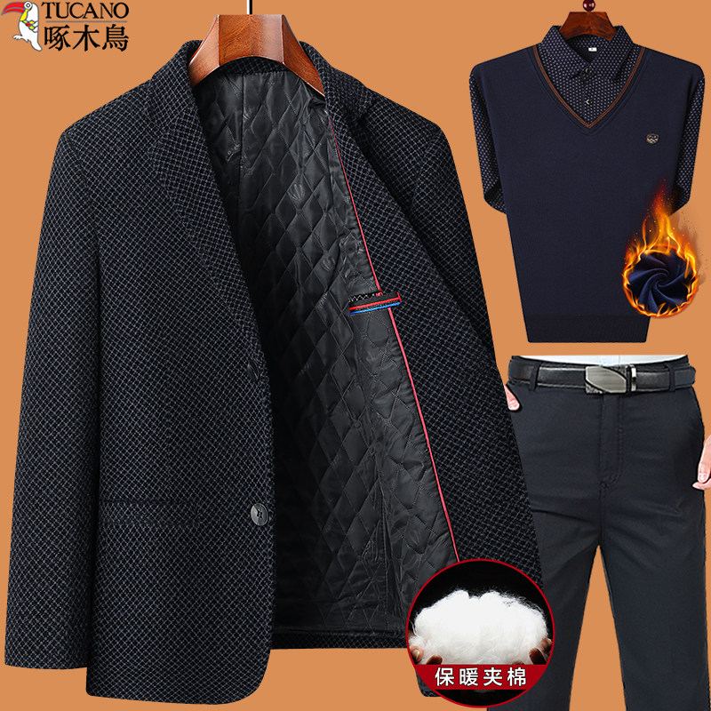 啄木鸟爸爸秋冬款外套装西服男60喜加厚婚宴礼服西装公公上衣冬季