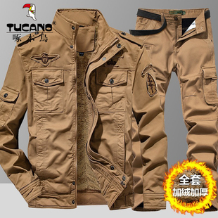 啄木鸟秋冬装户外工作服套装男登山纯棉耐磨军迷加绒加厚工装套装