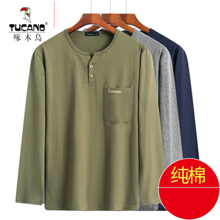 啄木鸟纯棉爸爸装长袖t恤春秋新款中老年春装男款上衣全棉老头衫