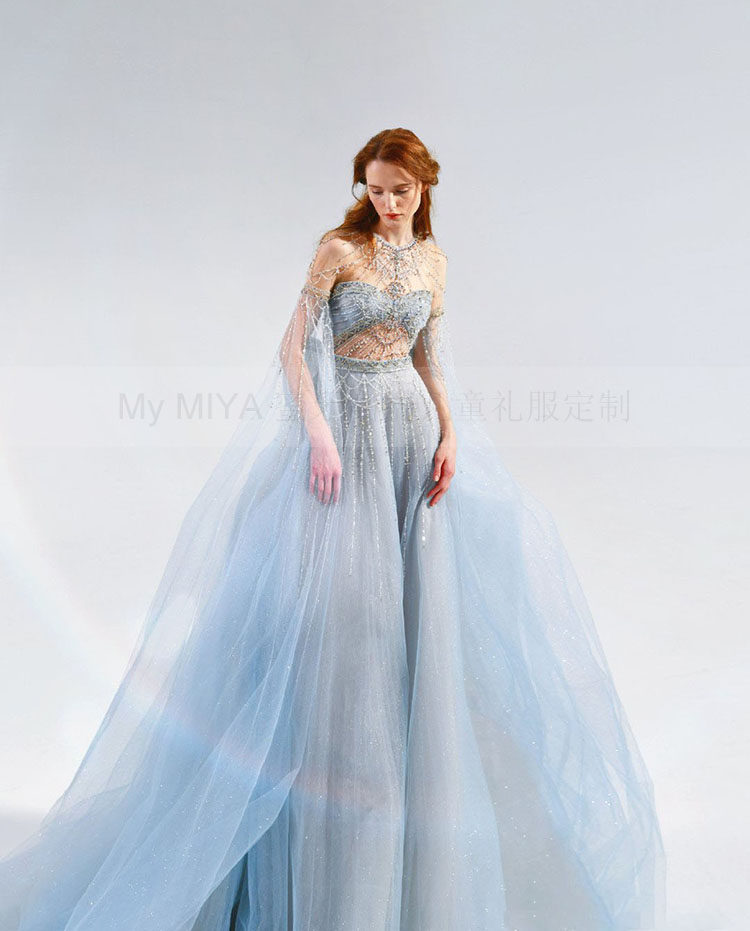 新款雪国风女童走秀演出服浅蓝仙女裙奢华水钻模特t台红毯晚礼服