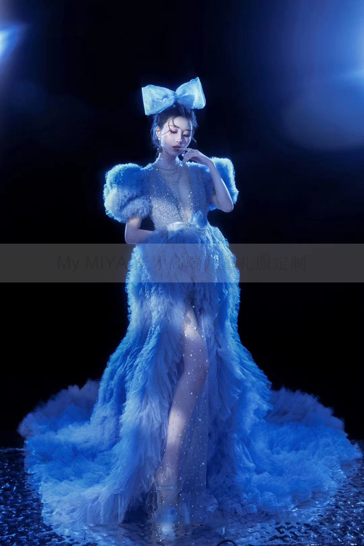 2021新款儿童走秀礼服模特比赛红毯演出服女童拖尾礼服裙摄影服装