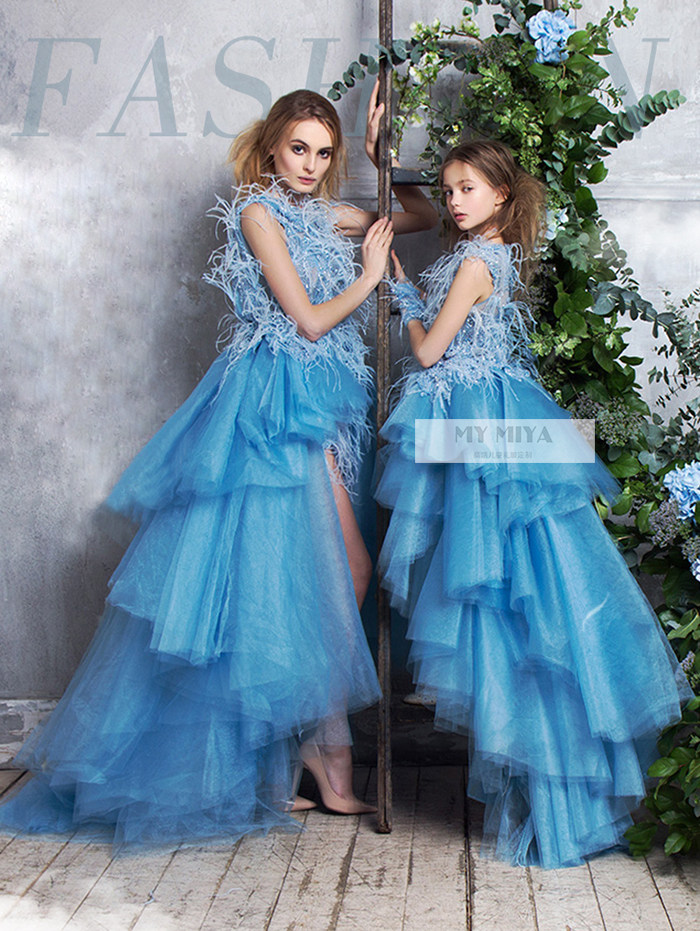 女童模特走秀服儿童时装拖尾礼服裙前短后长中大童主持钢琴表演服