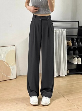 灰色西装阔腿裤女夏季薄款大码胖mm梨形身材宽松显瘦垂感直筒裤子